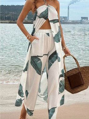 Leaf-Print Wide Leg Beach Pants Set - White/Green